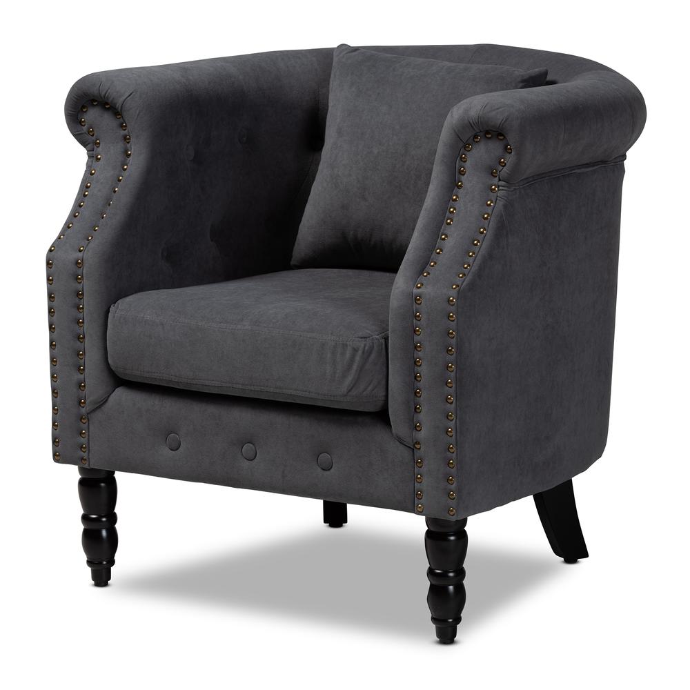 Baxton Studio Renessa Classic and Traditional Grey Velvet Fabric Upholstered and Dark Brown Finished Wood Armchair. Picture 1