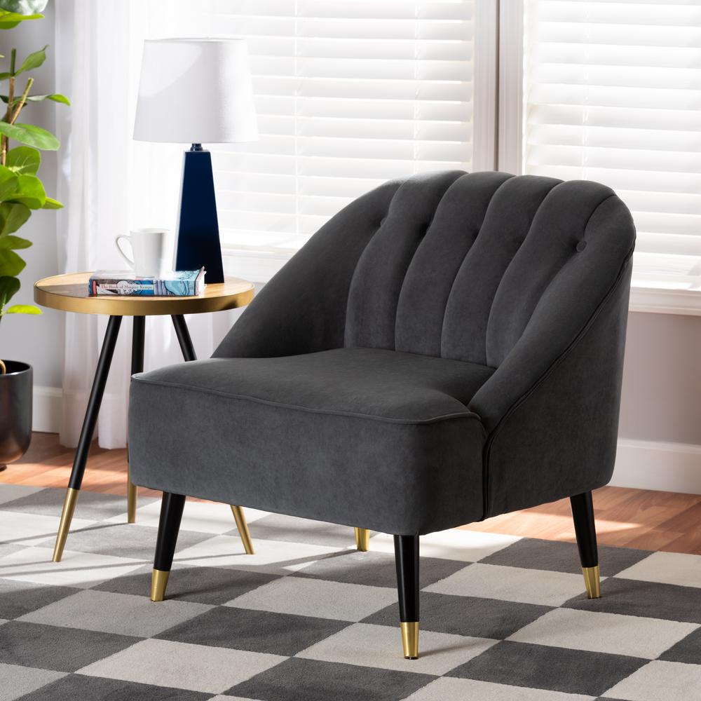 Baxton Studio Ellard Modern and Contemporary Grey Velvet Fabric Upholstered and Two-Tone Dark Brown and Gold Finished Wood Accent Chair. Picture 11