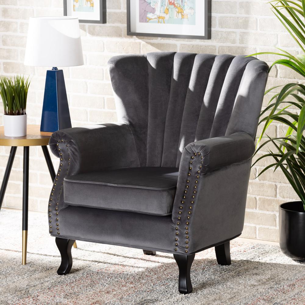 Baxton Studio Relena Classic and Traditional Grey Velvet Fabric Upholstered and Dark Brown Finished Wood Armchair. Picture 10