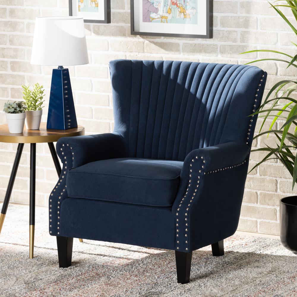 Baxton Studio Wilhelm Classic and Traditional Navy Blue Velvet Fabric Upholstered and Dark Brown Finished Wood Armchair. Picture 10