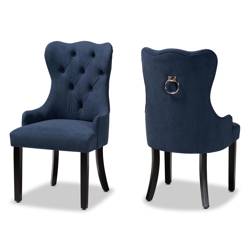 Baxton Studio Fabre Modern Transitional Navy Blue Velvet Fabric Upholstered and Dark Brown Finished Wood 2-Piece Dining Chair Set. Picture 12