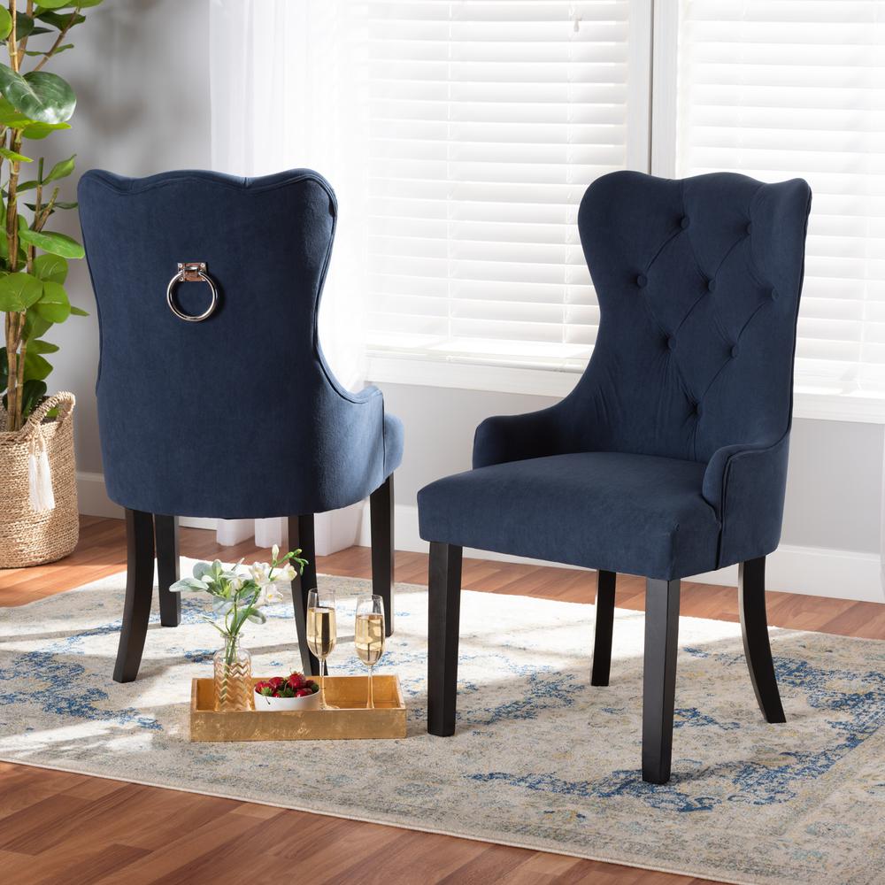 Baxton Studio Fabre Modern Transitional Navy Blue Velvet Fabric Upholstered and Dark Brown Finished Wood 2-Piece Dining Chair Set. Picture 11