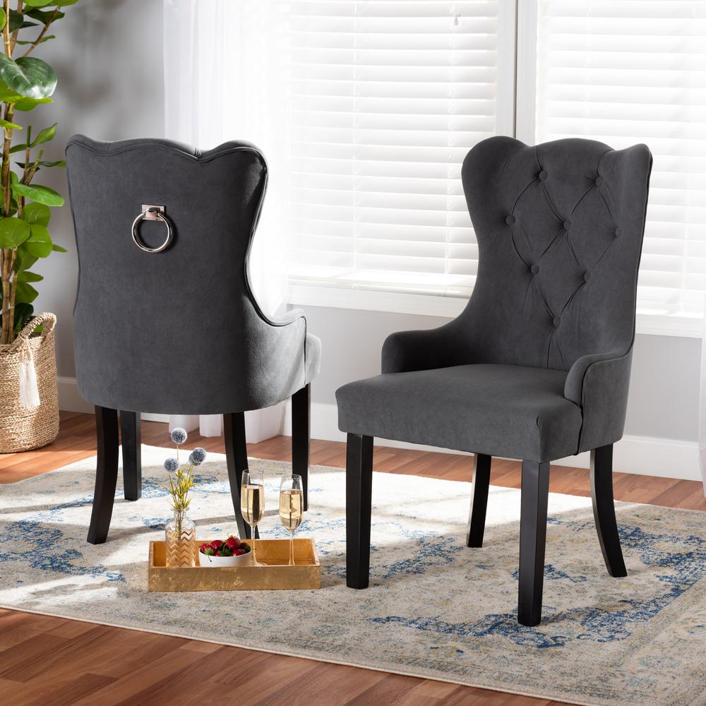 Baxton Studio Fabre Modern Transitional Grey Velvet Fabric Upholstered and Dark Brown Finished Wood 2-Piece Dining Chair Set. Picture 11