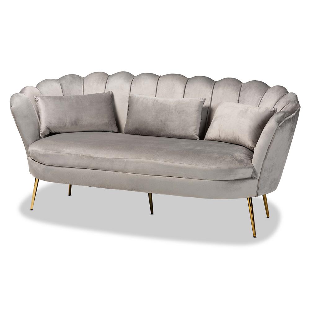 Baxton Studio Genia Contemporary Glam and Luxe Grey Velvet Fabric Upholstered and Gold Metal Sofa. Picture 12