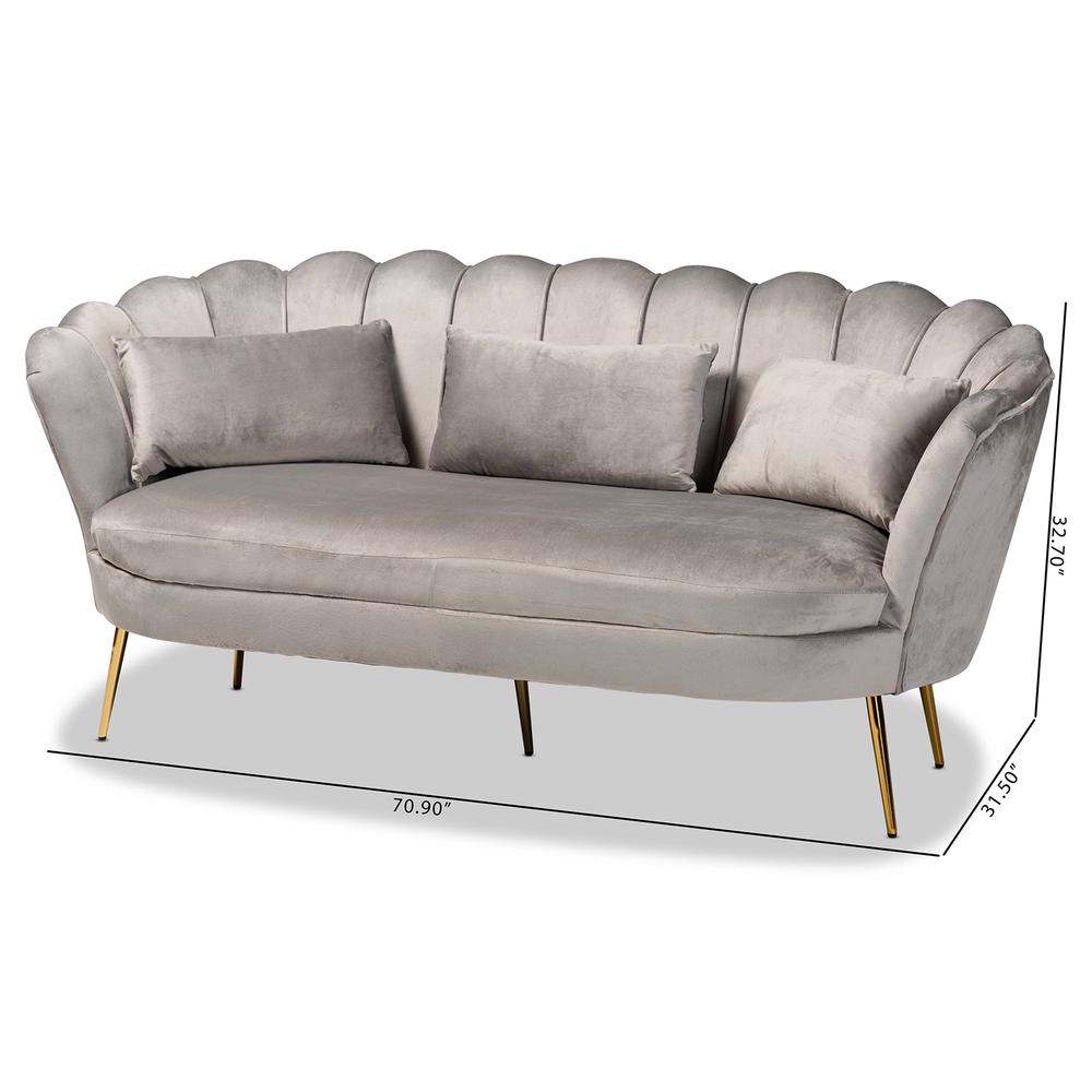 Glam and Luxe Grey Velvet Fabric Upholstered and Gold Metal Sofa. Picture 20