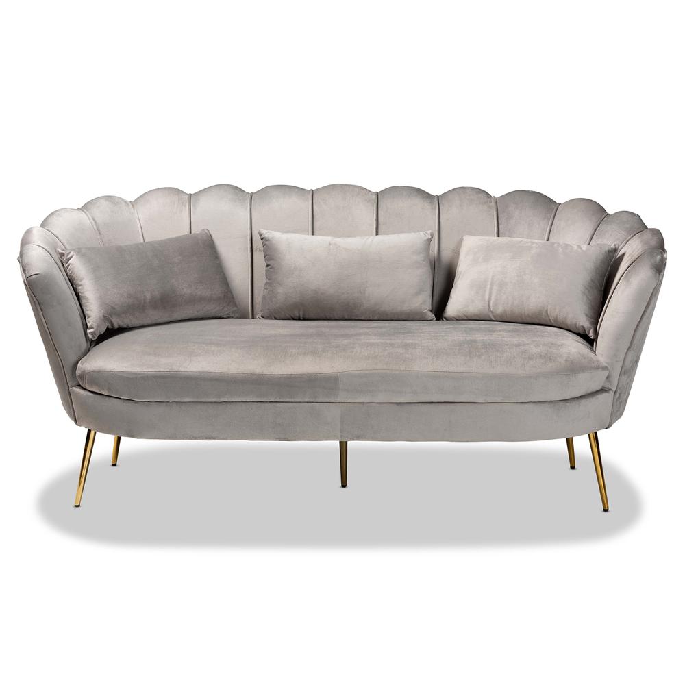 Glam and Luxe Grey Velvet Fabric Upholstered and Gold Metal Sofa. Picture 12