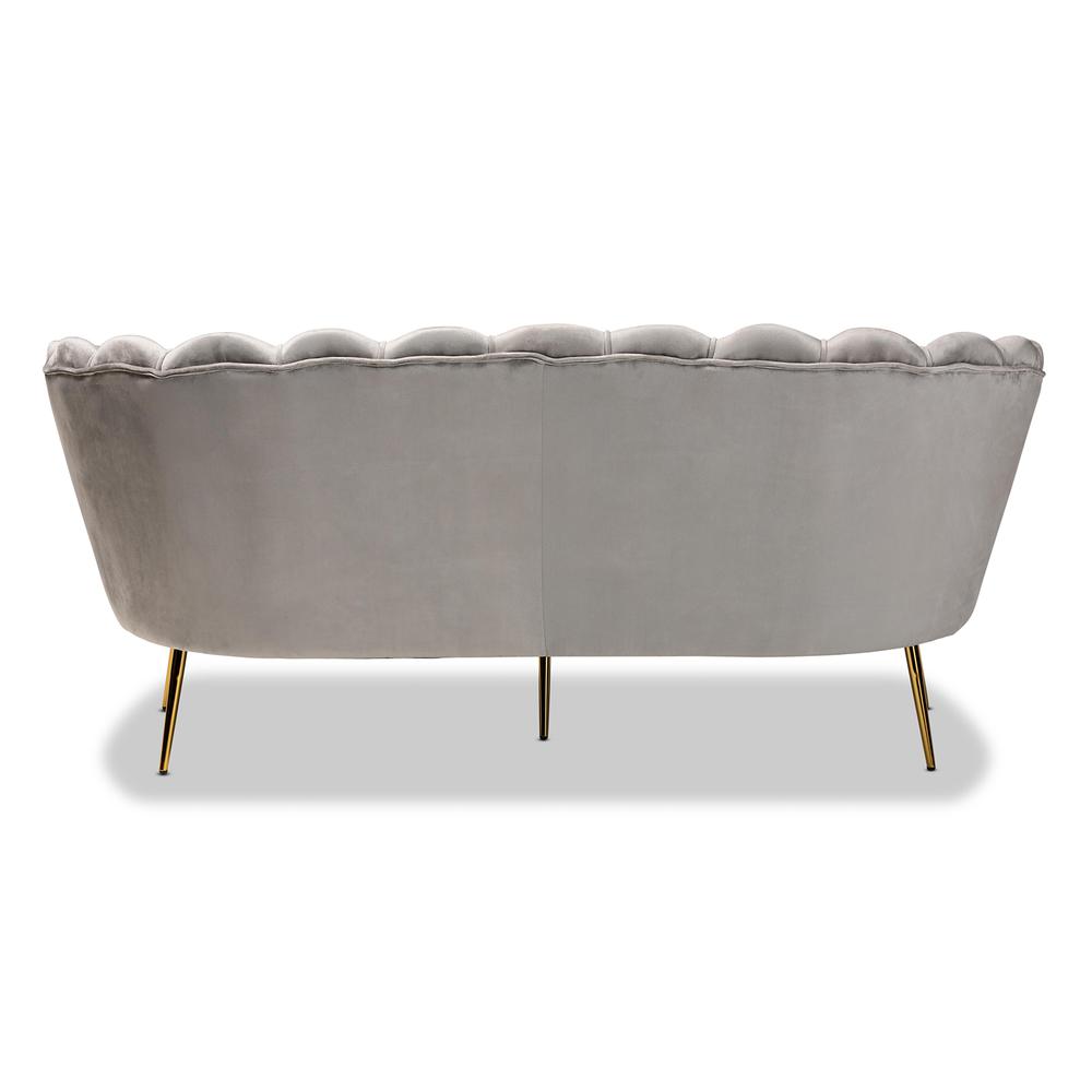 Glam and Luxe Grey Velvet Fabric Upholstered and Gold Metal Sofa. Picture 14