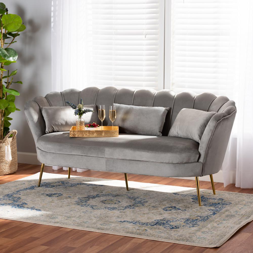 Baxton Studio Genia Contemporary Glam and Luxe Grey Velvet Fabric Upholstered and Gold Metal Sofa. Picture 11