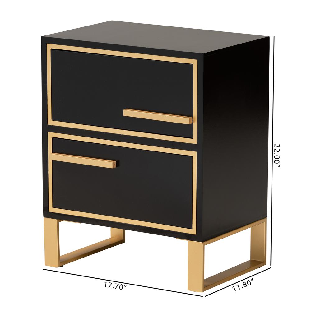 Baxton Studio Giolla Contemporary Glam and Luxe Black Finished Wood and Gold Metal 2-Drawer Nightstand. Picture 11