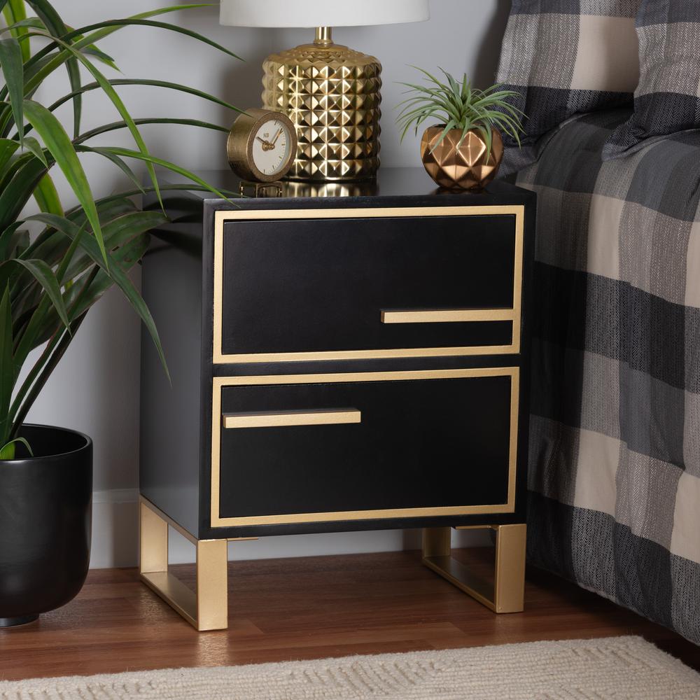 Baxton Studio Giolla Contemporary Glam and Luxe Black Finished Wood and Gold Metal 2-Drawer Nightstand. Picture 12