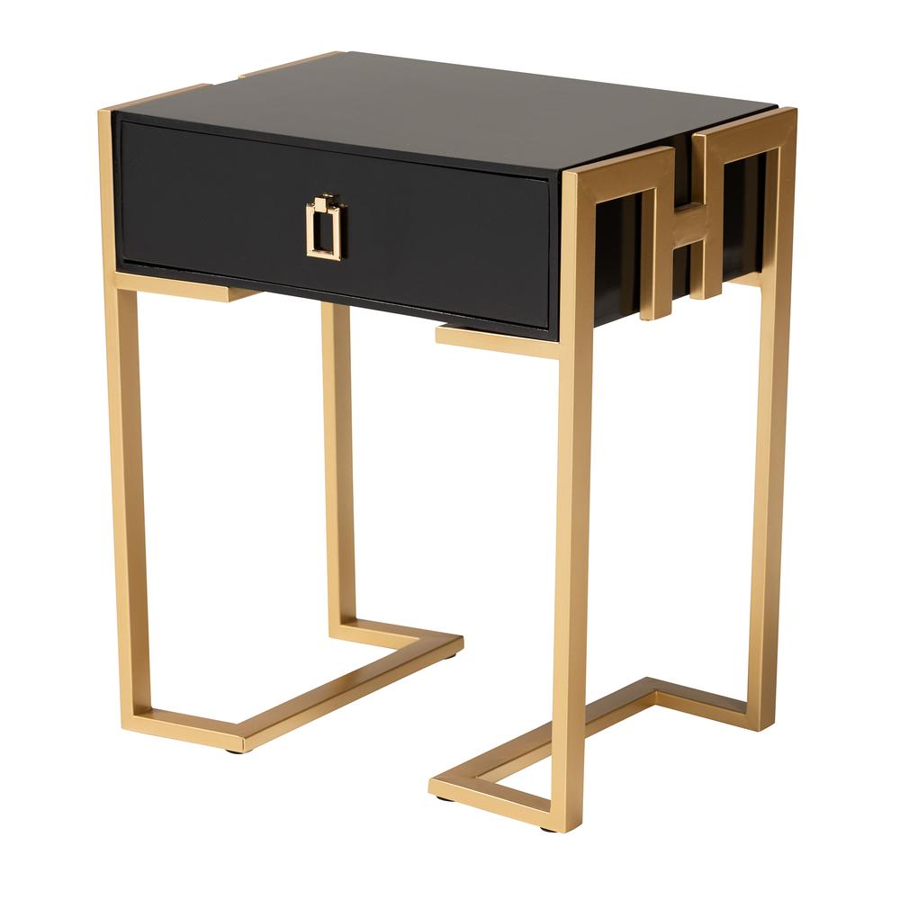 Luna Contemporary Glam and Luxe Black Finished Wood and Gold Metal End Table. Picture 11