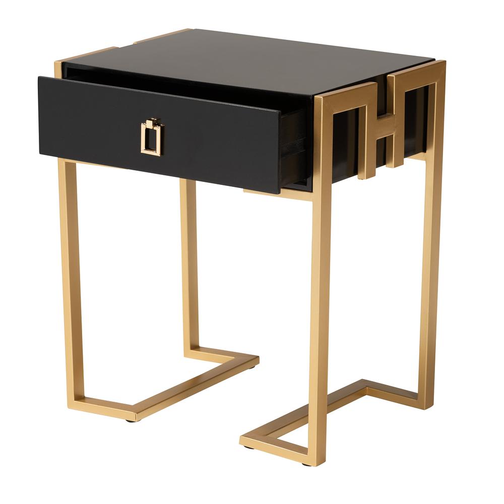 Luna Contemporary Glam and Luxe Black Finished Wood and Gold Metal End Table. Picture 12