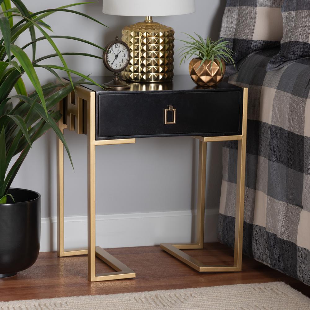 Luna Contemporary Glam and Luxe Black Finished Wood and Gold Metal End Table. Picture 18