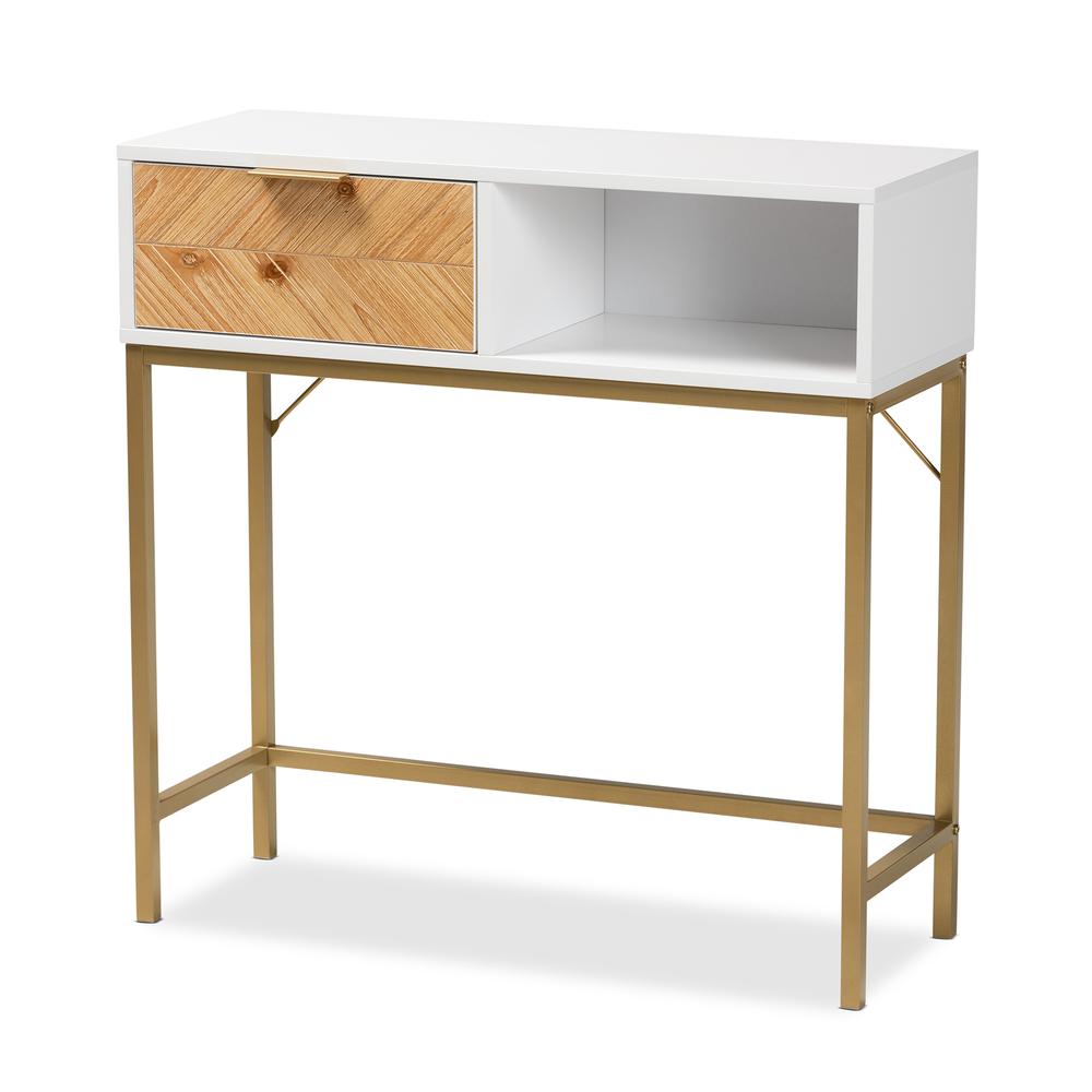 Two-Tone Oak Brown and White Finished Wood and Gold Metal 1-Drawer Console Table. Picture 11