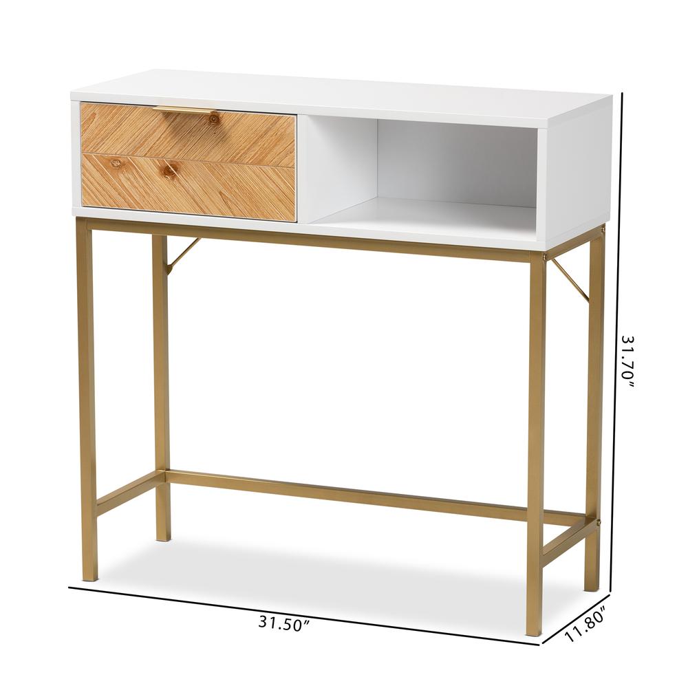 Two-Tone Oak Brown and White Finished Wood and Gold Metal 1-Drawer Console Table. Picture 20