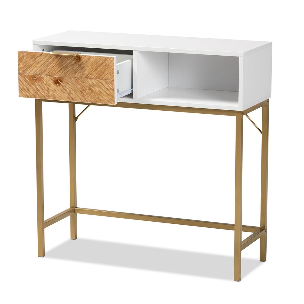 Two-Tone Oak Brown and White Finished Wood and Gold Metal 1-Drawer Console Table. Picture 12