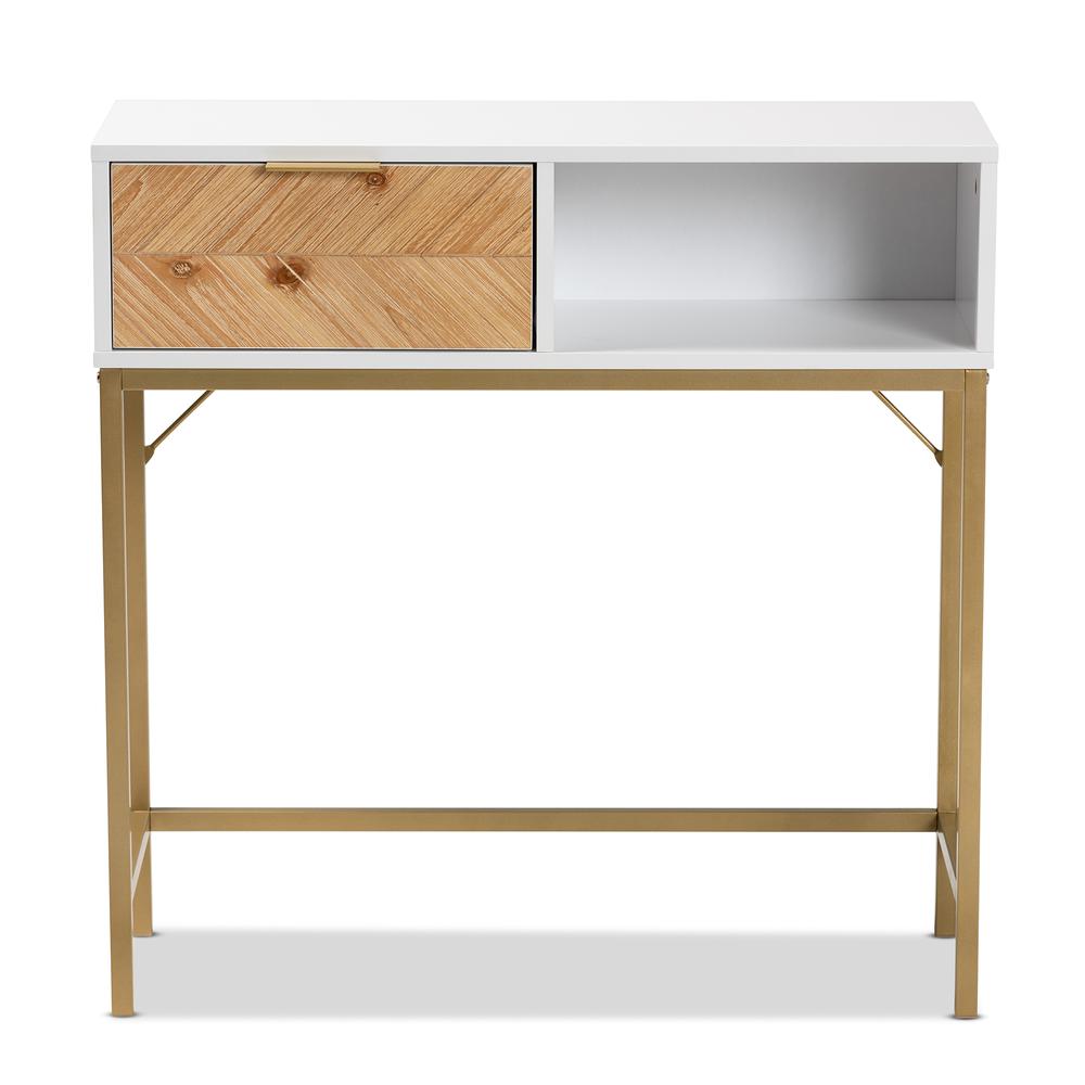 Two-Tone Oak Brown and White Finished Wood and Gold Metal 1-Drawer Console Table. Picture 13