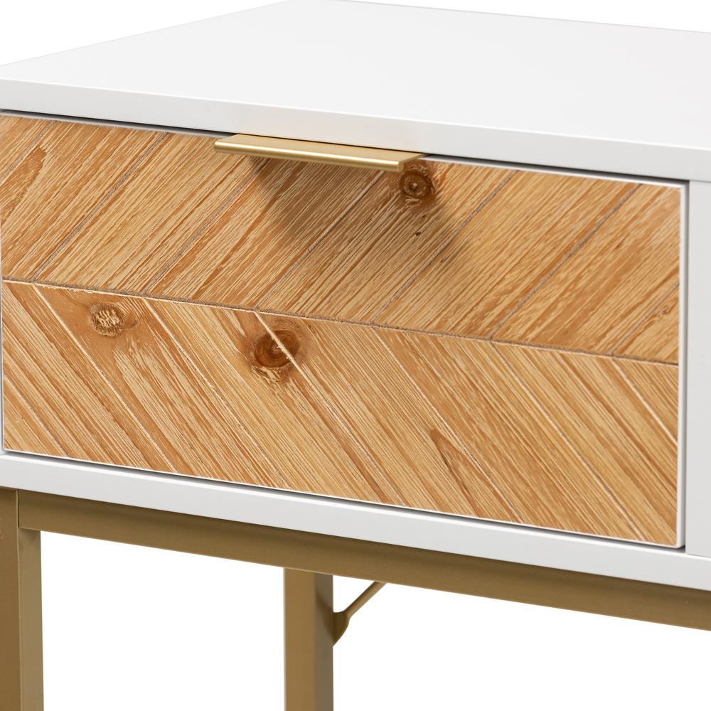 Two-Tone Oak Brown and White Finished Wood and Gold Metal 1-Drawer Console Table. Picture 15