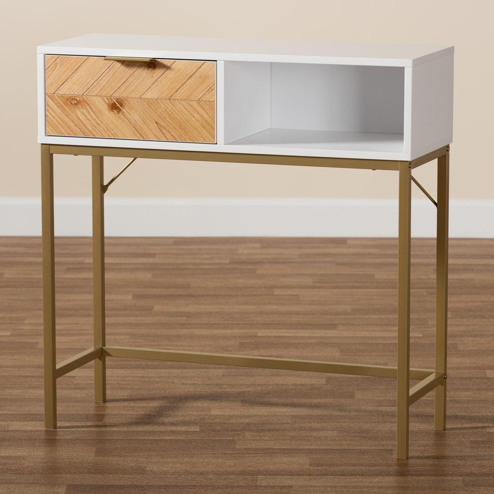 Two-Tone Oak Brown and White Finished Wood and Gold Metal 1-Drawer Console Table. Picture 19