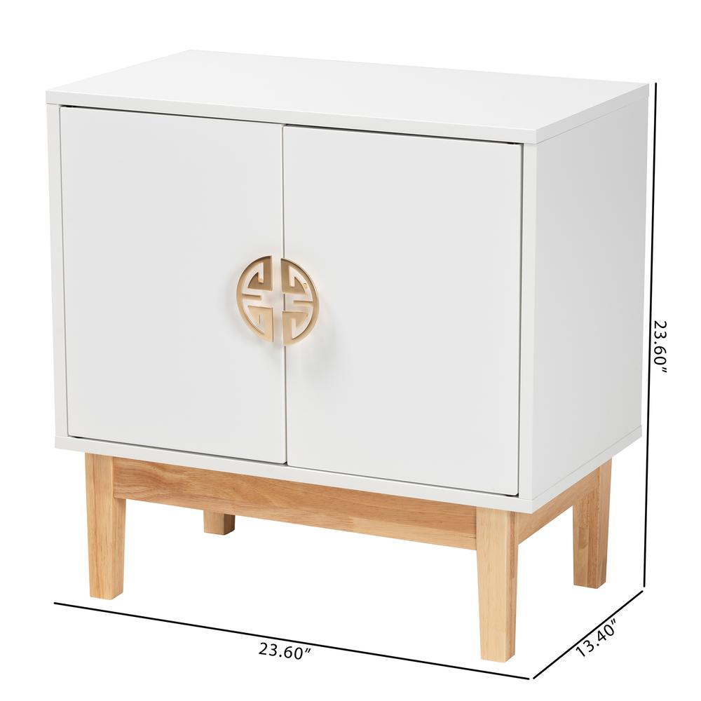 Two-Tone White and Oak Brown Finished Wood and Gold Metal 2-Door Storage Cabinet. Picture 20