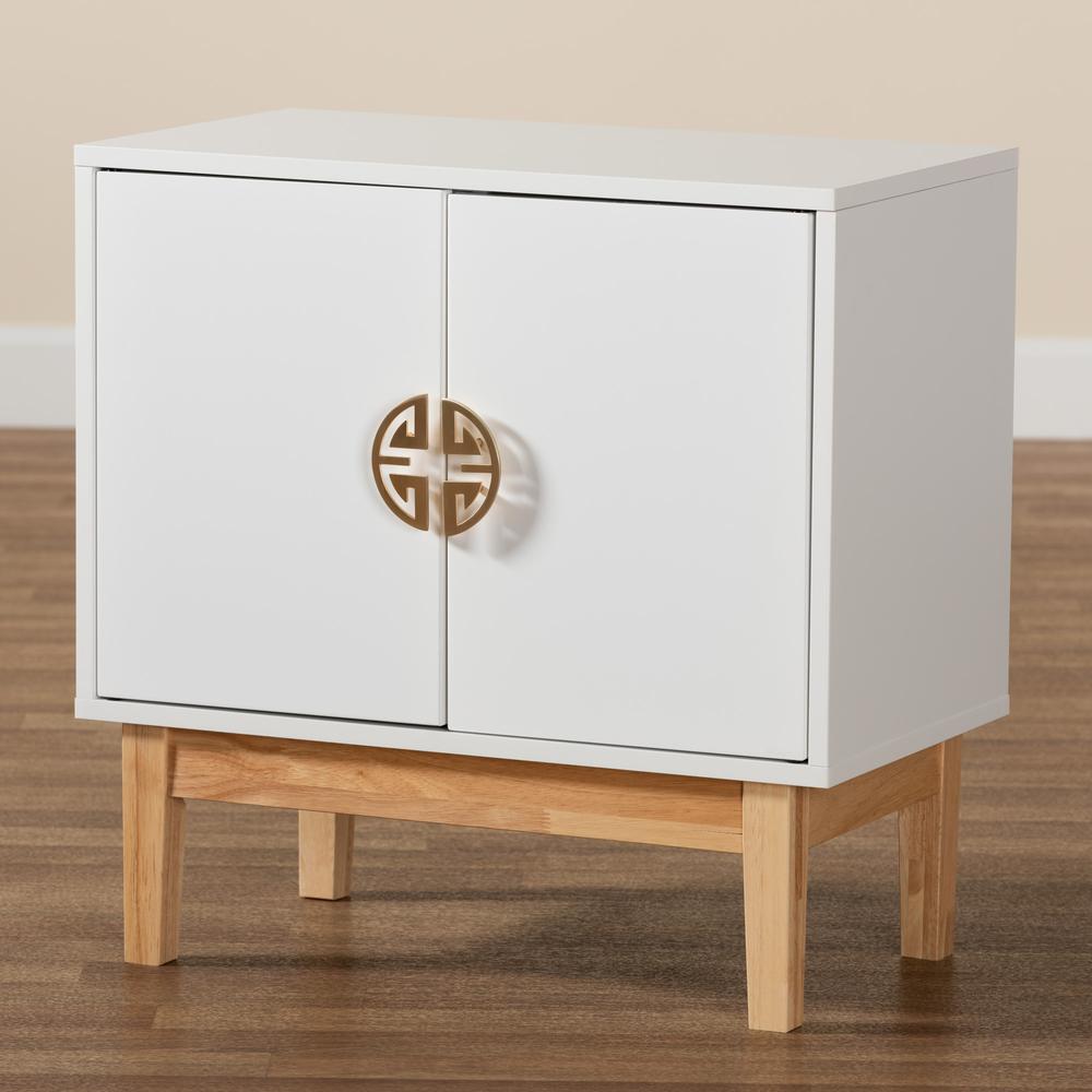 Two-Tone White and Oak Brown Finished Wood and Gold Metal 2-Door Storage Cabinet. Picture 19