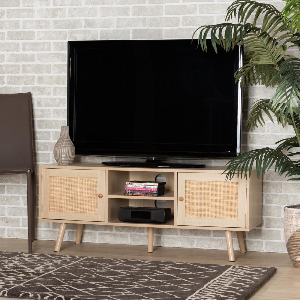 Light Brown Finished Wood 2-Door TV Stand with Natural Rattan. Picture 18