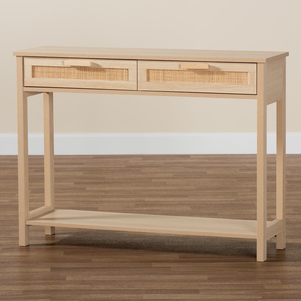 Light Brown Finished Wood 2-Drawer Console Table with Natural Rattan. Picture 19