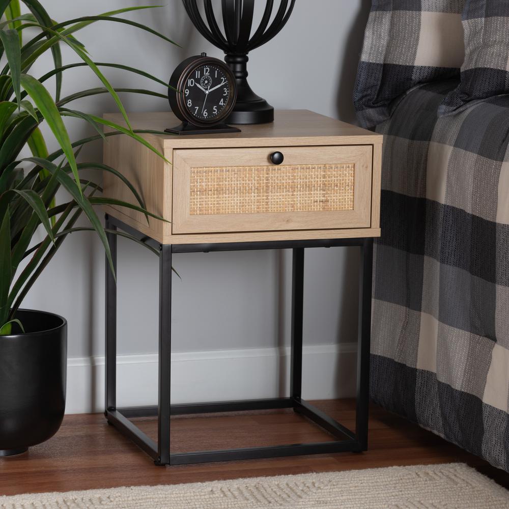 Baxton Studio Amelia Mid-Century Modern Transitional Natural Brown Finished Wood and Natural Rattan 1-Drawer Nightstand. Picture 12