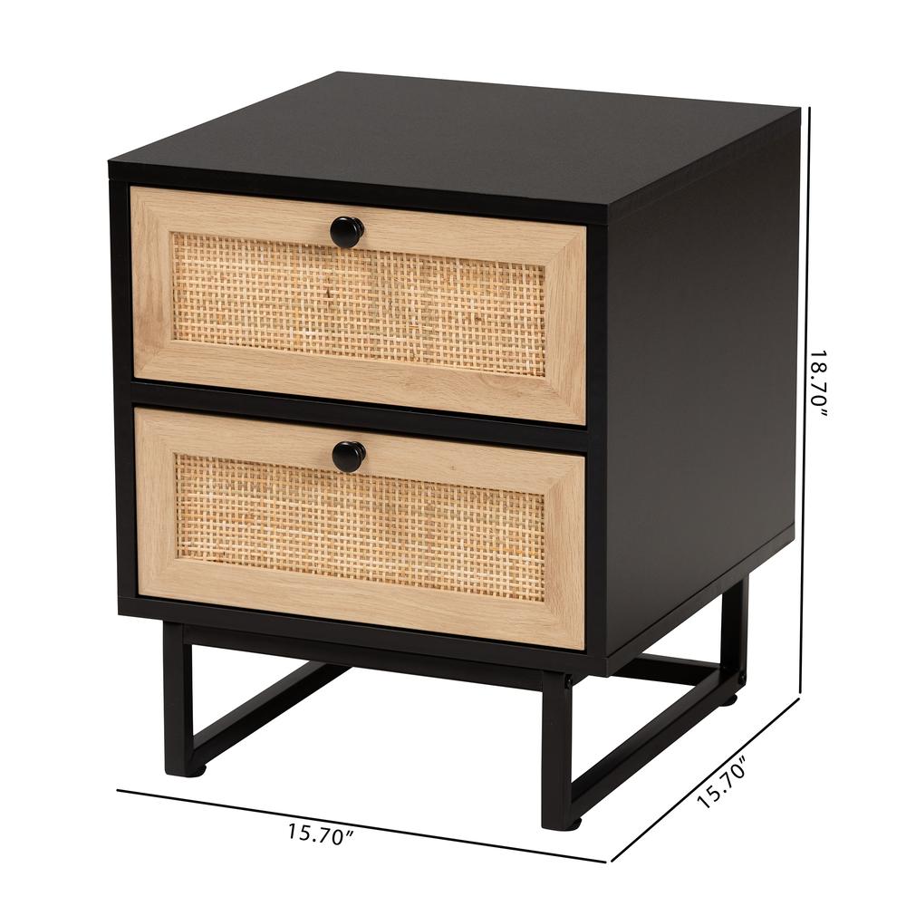 Baxton Studio Declan Mid-Century Modern Espresso Brown Finished Wood and Natural Rattan 2-Drawer Nightstand. Picture 11