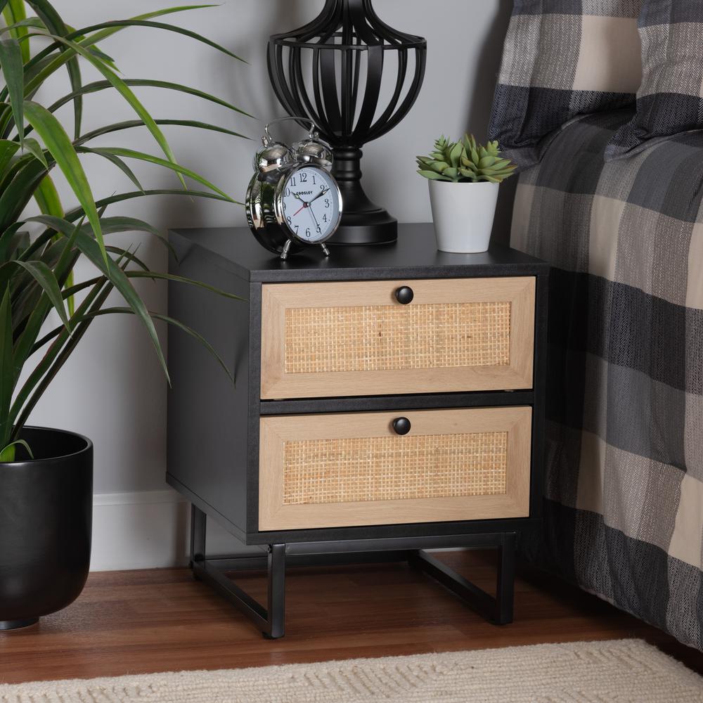 Baxton Studio Declan Mid-Century Modern Espresso Brown Finished Wood and Natural Rattan 2-Drawer Nightstand. Picture 12