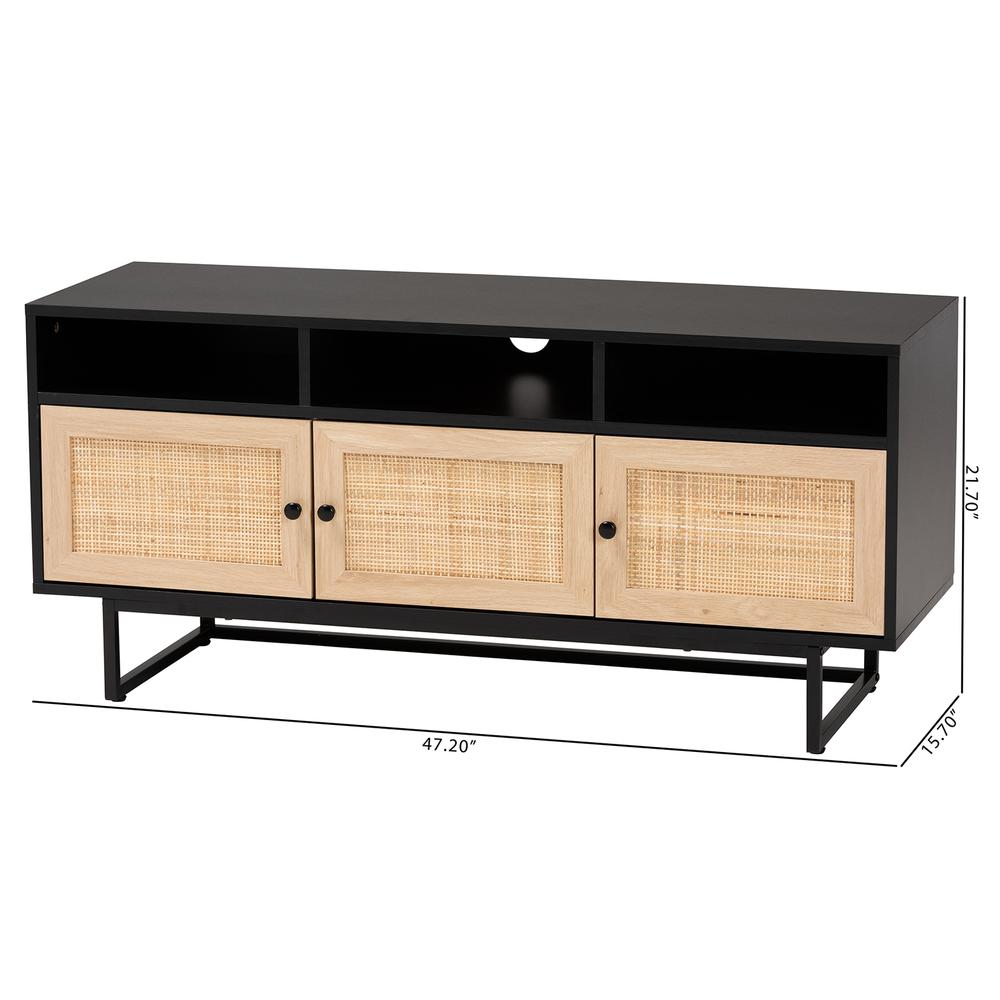 Espresso Brown Finished Wood and Natural Rattan 3-Door TV Stand. Picture 20
