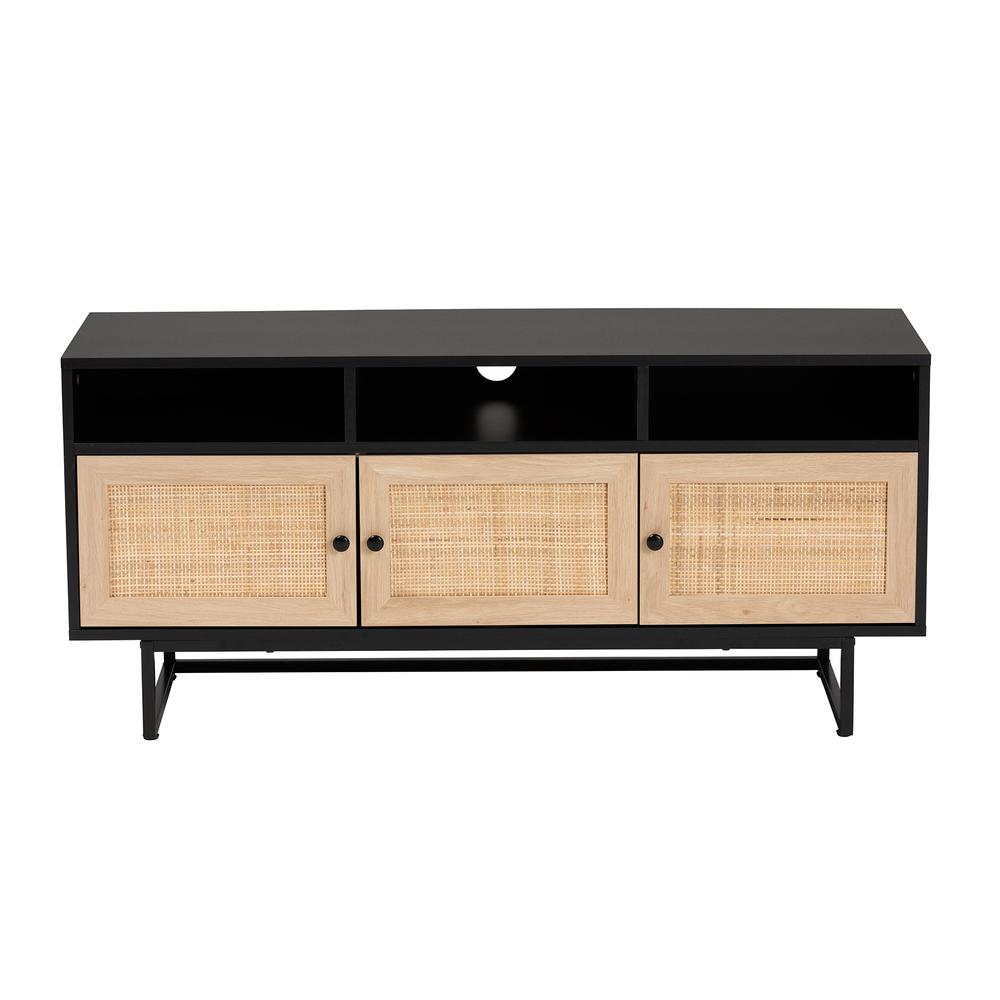 Espresso Brown Finished Wood and Natural Rattan 3-Door TV Stand. Picture 13