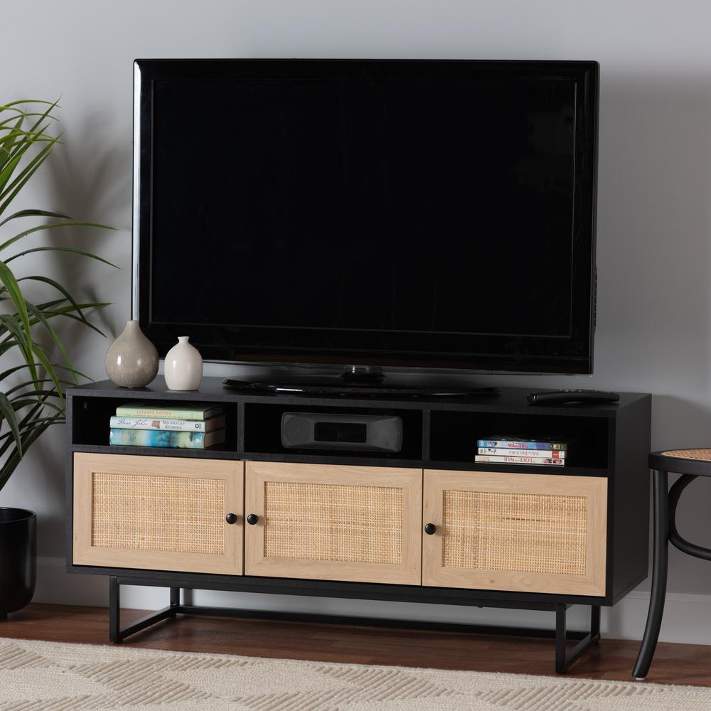 Espresso Brown Finished Wood and Natural Rattan 3-Door TV Stand. Picture 18