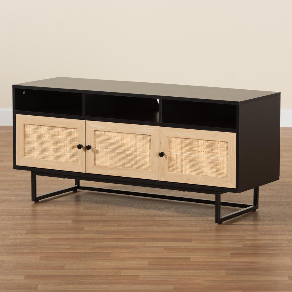 Espresso Brown Finished Wood and Natural Rattan 3-Door TV Stand. Picture 19