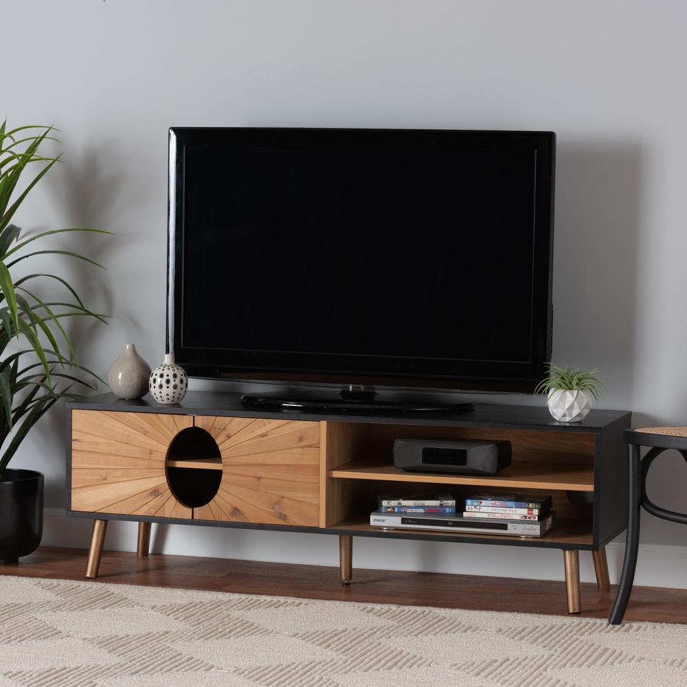 Two-Tone Dark and Natural Brown Finished Wood TV Stand. Picture 18