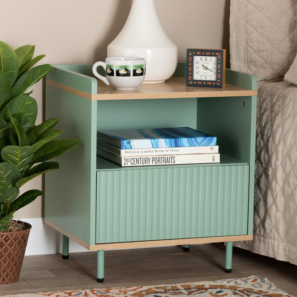 Baxton Studio Tavita Mid-Century Modern Two-Tone Mint Green and Oak Brown Finished Wood 1-Drawer Nightstand. Picture 9