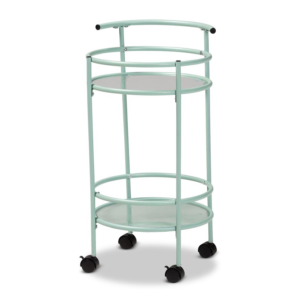 Newell Mid-Century Modern Mint Green Finished Metal 2-Tier Kitchen Cart. Picture 9