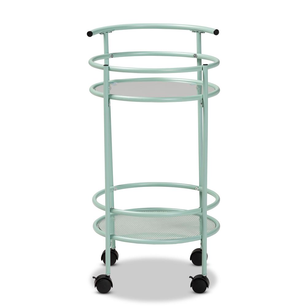 Newell Mid-Century Modern Mint Green Finished Metal 2-Tier Kitchen Cart. Picture 10