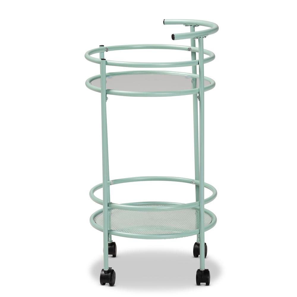 Newell Mid-Century Modern Mint Green Finished Metal 2-Tier Kitchen Cart. Picture 11