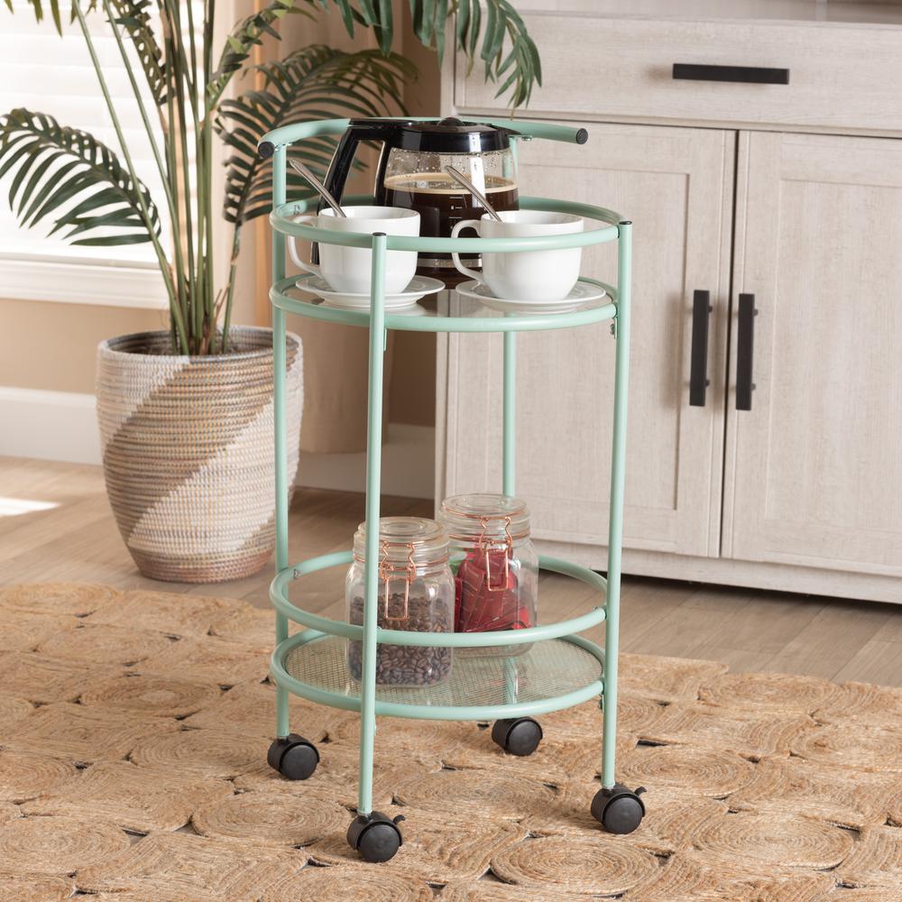 Newell Mid-Century Modern Mint Green Finished Metal 2-Tier Kitchen Cart. Picture 14
