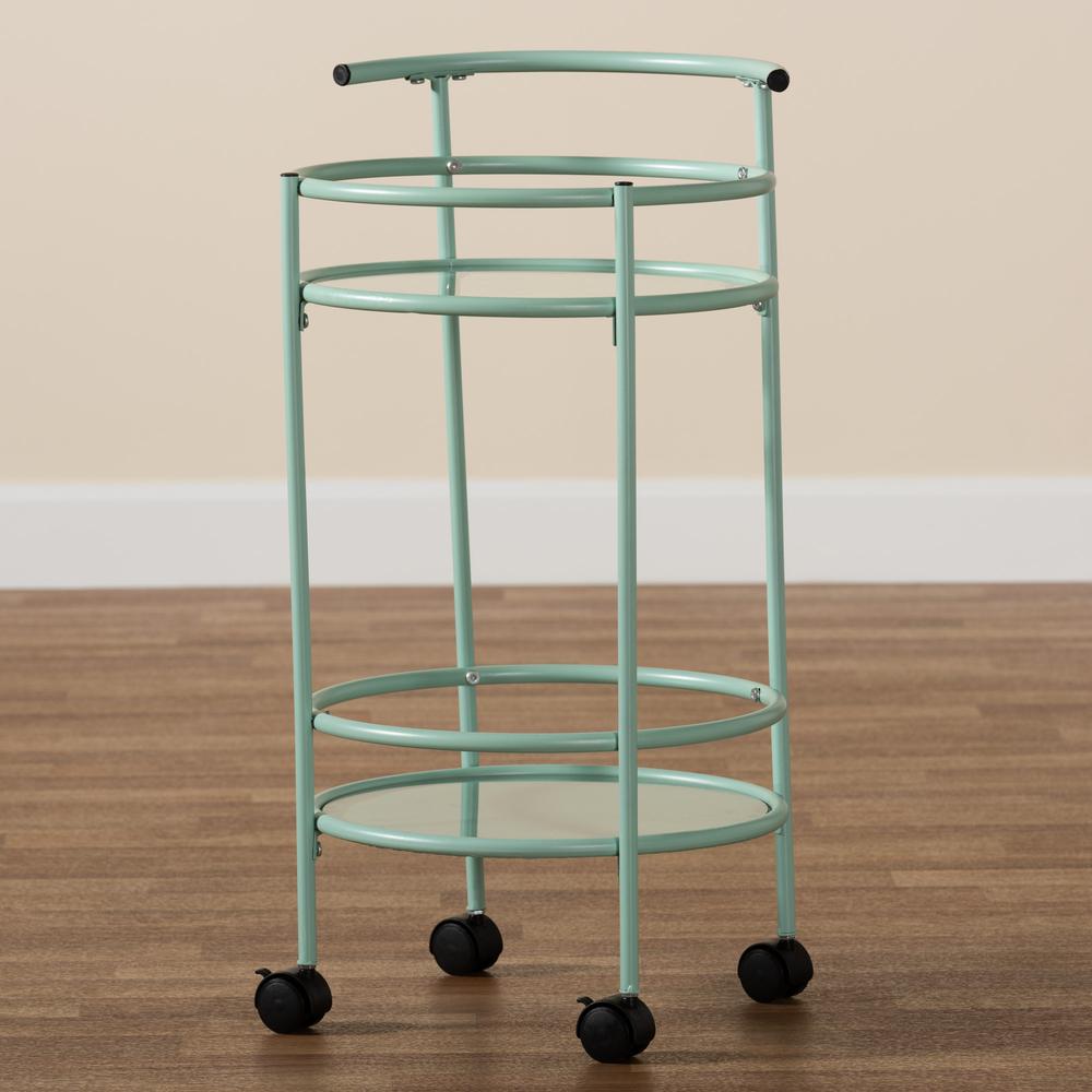 Newell Mid-Century Modern Mint Green Finished Metal 2-Tier Kitchen Cart. Picture 15