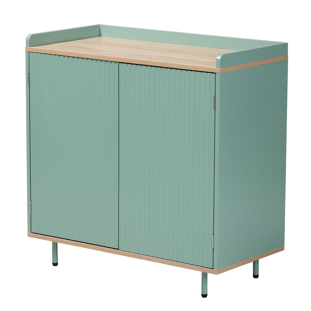 Two-Tone Mint Green and Oak Brown Finished Wood 2-Door Sideboard Buffet. Picture 10