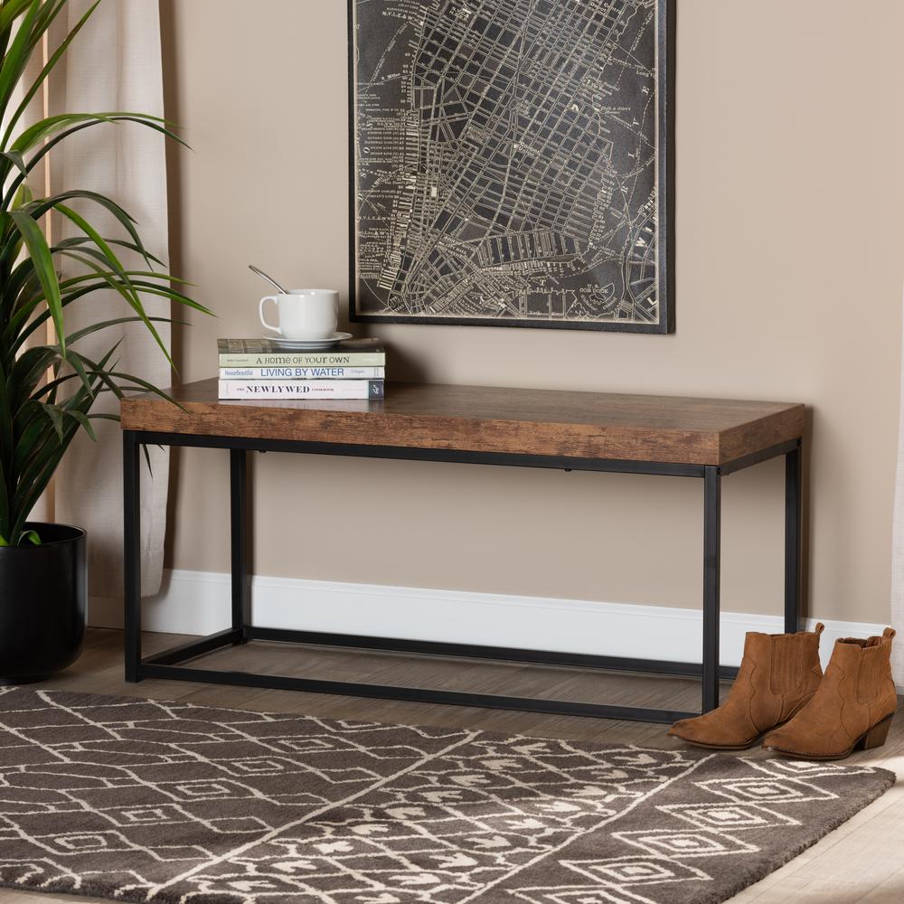 Bardot Modern Industrial Walnut Brown Finished Wood and Black Metal Accent Bench. Picture 14