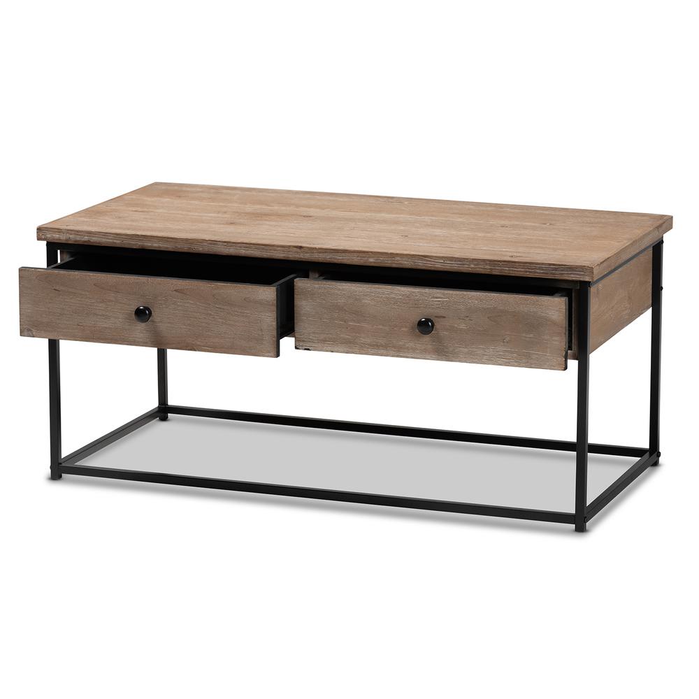 Weathered Oak Finished Wood and Black Metal 2-Drawer Coffee Table. Picture 12