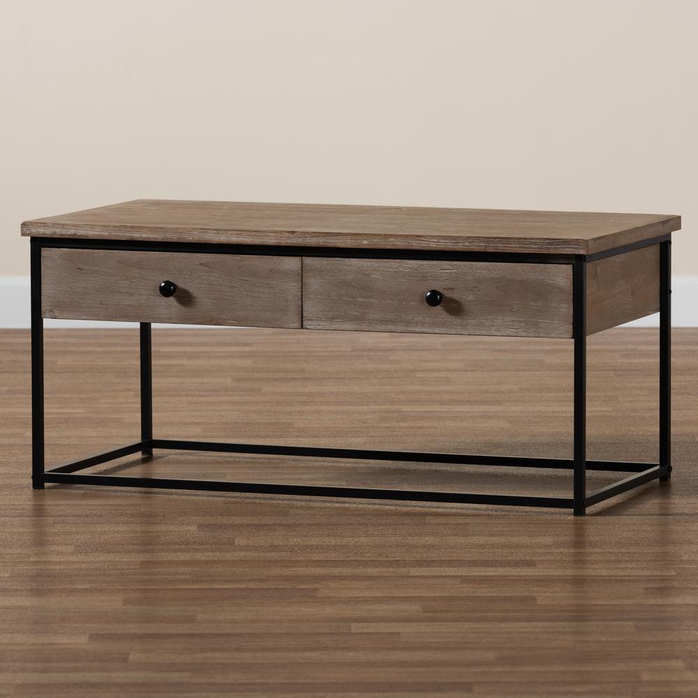 Weathered Oak Finished Wood and Black Metal 2-Drawer Coffee Table. Picture 19