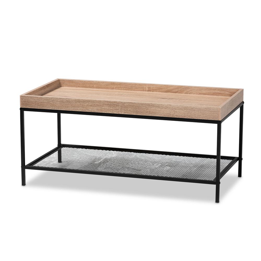 Overton Modern Industrial Oak Brown Finished Wood and Black Metal Coffee Table. Picture 9