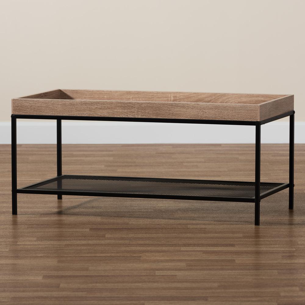 Overton Modern Industrial Oak Brown Finished Wood and Black Metal Coffee Table. Picture 15