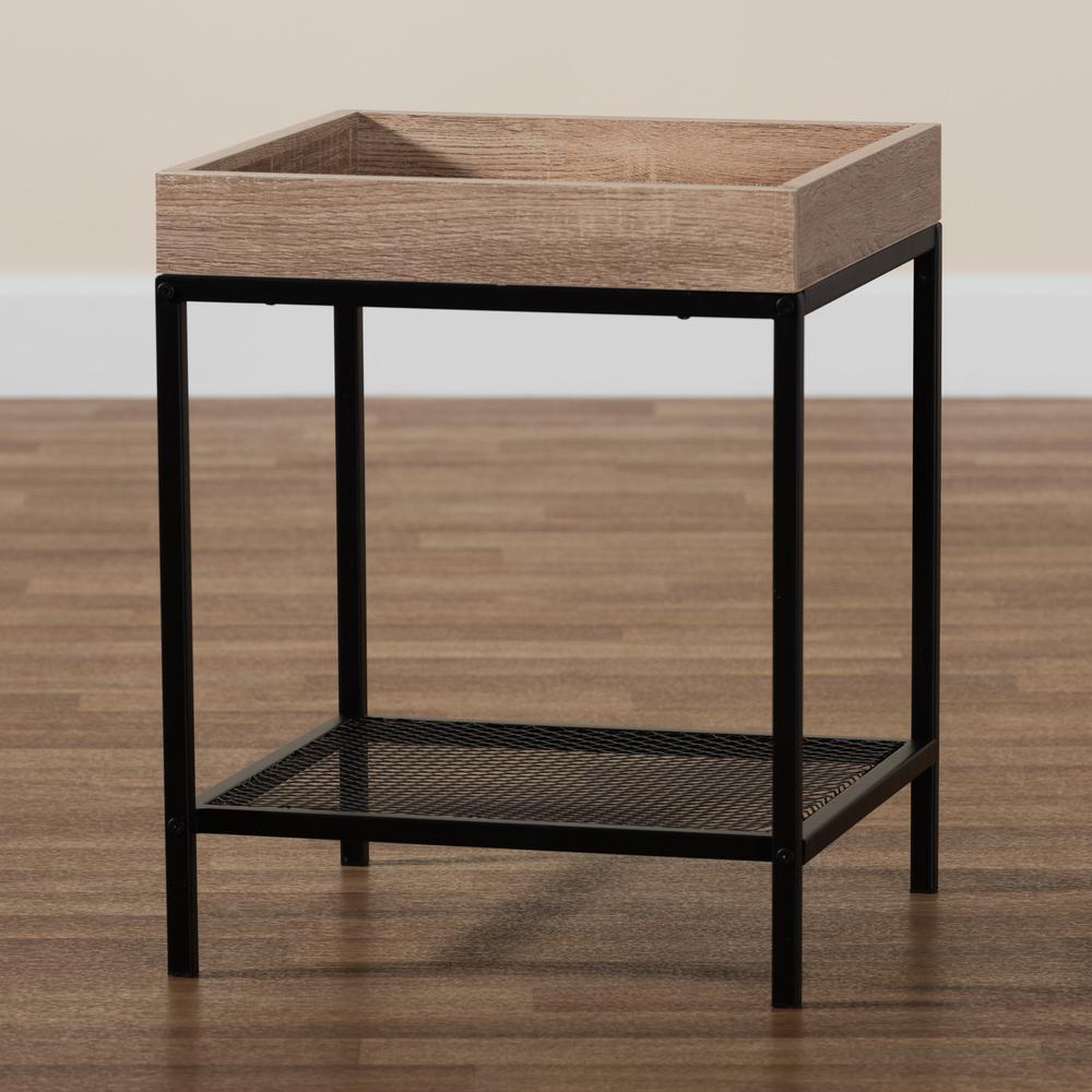 Overton Modern Industrial Oak Brown Finished Wood and Black Metal End Table. Picture 13