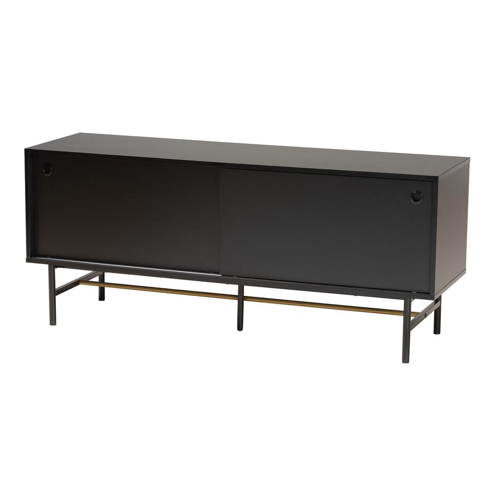 Dark Brown Finished Wood and Two-Tone Black and Gold Metal TV Stand. Picture 11