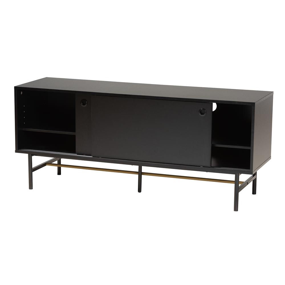 Dark Brown Finished Wood and Two-Tone Black and Gold Metal TV Stand. Picture 12